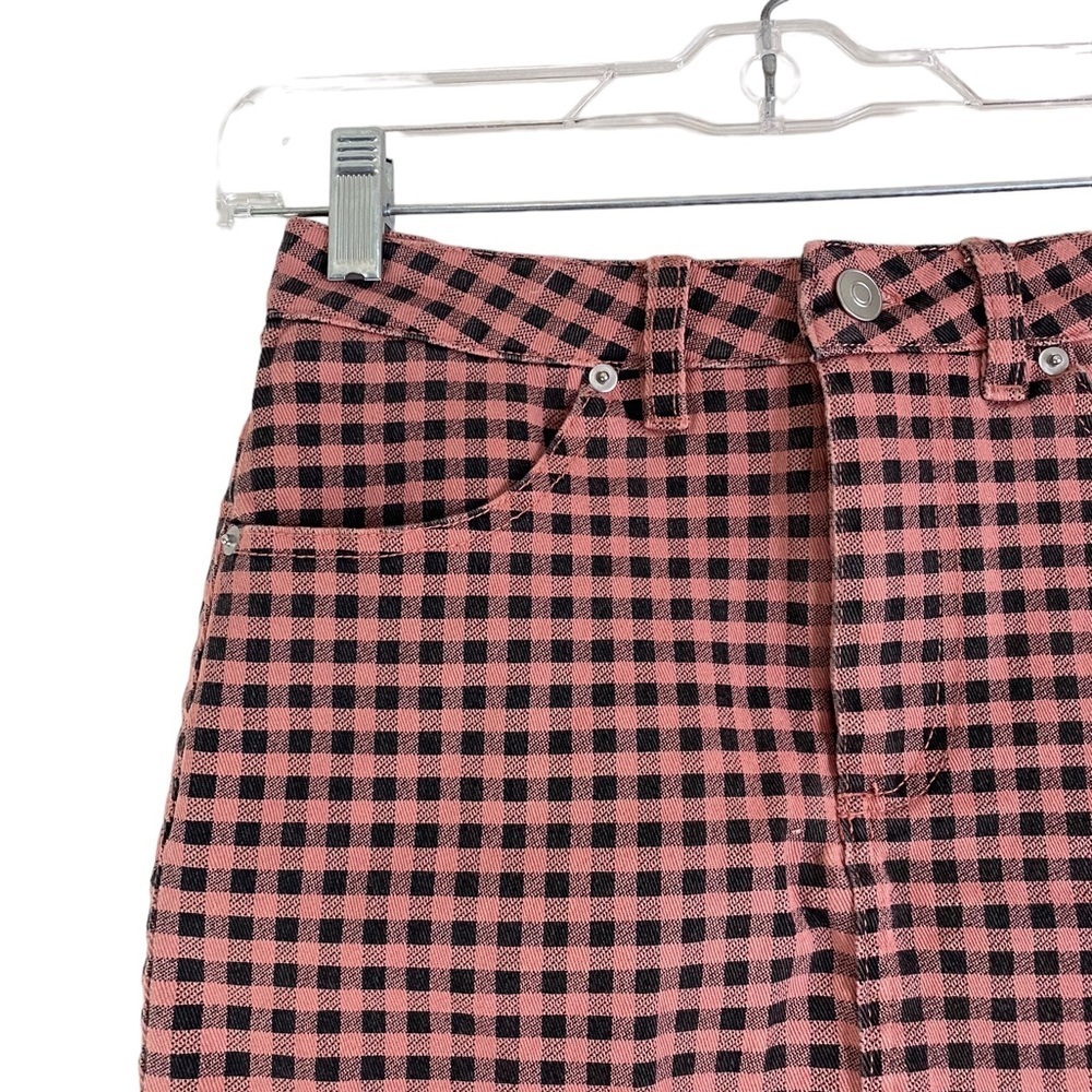 Forever 21 Pink & Black Checkered Mini Skirt S Y2K 2016 Vibe Plaid Raw Hem Denim - Picture 7 of 11